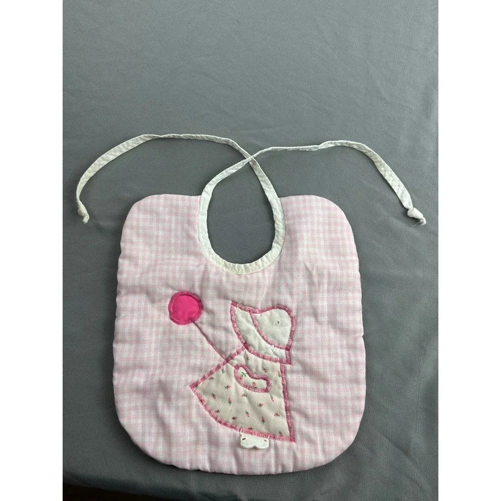 Vintage Sunbonnet Sue‎ Baby Bib Pink Gingham Handmade Applique Tie Back